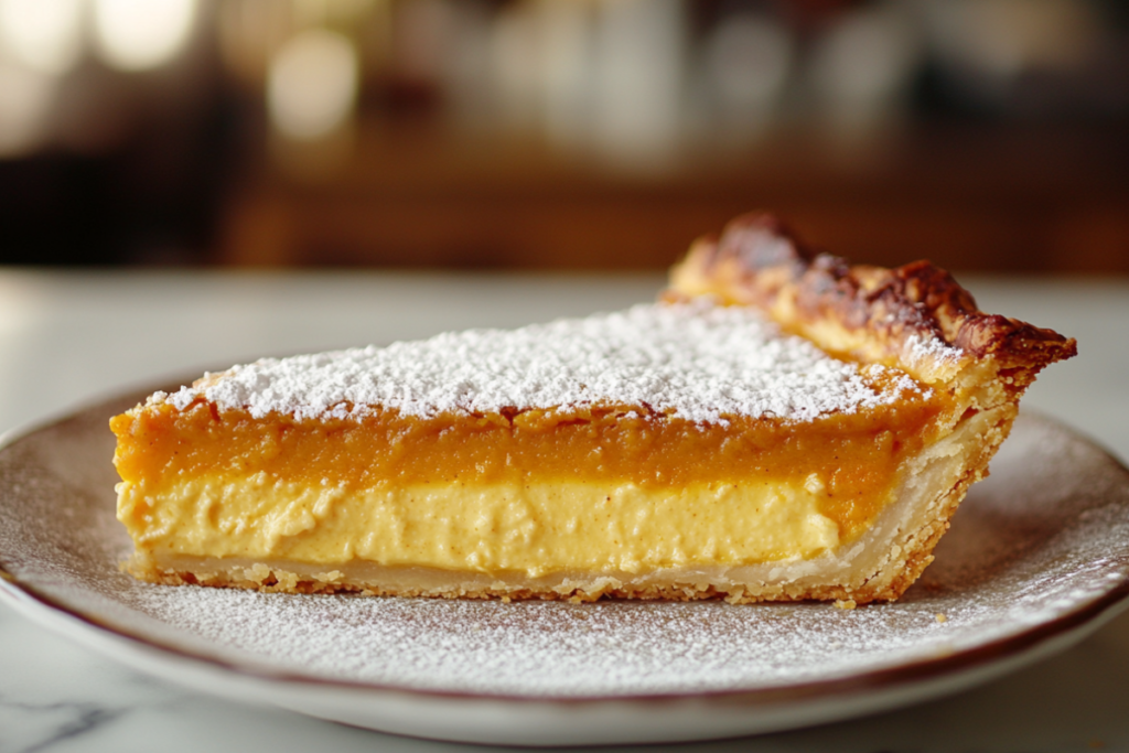 Milk Bar Pumpkin Pie with golden crust and smooth pumpkin filling, surrounded by fall decor and ingredients.