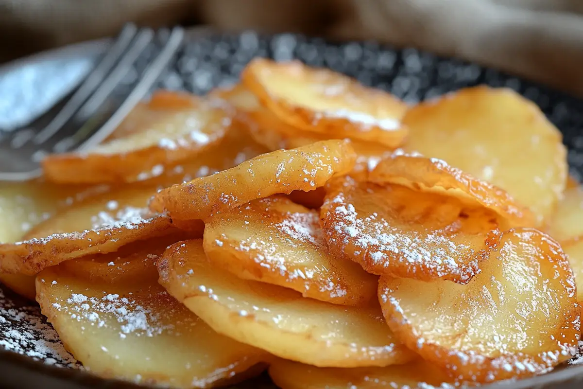 Skillet filled with freshly fried apples coated in caramelized cinnamon glaze.