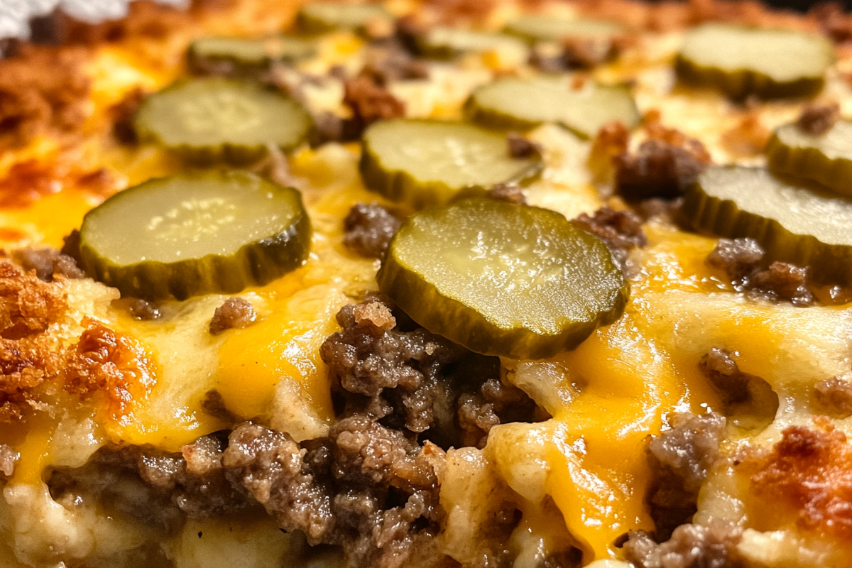 Freshly baked cheeseburger casserole with melted cheddar and golden edges in a rustic baking tray