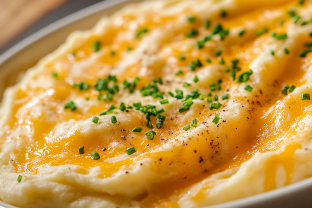 Creamy cheesy mashed potatoes with melted cheese and garnished with chives