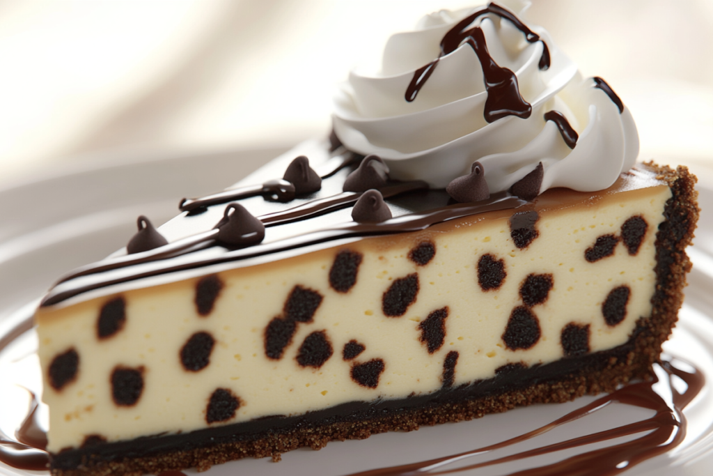 Slice of chocolate chip cheesecake on a plate