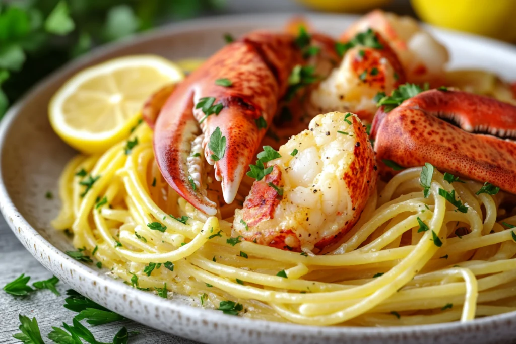 Creamy lobster pasta garnished with fresh herbs