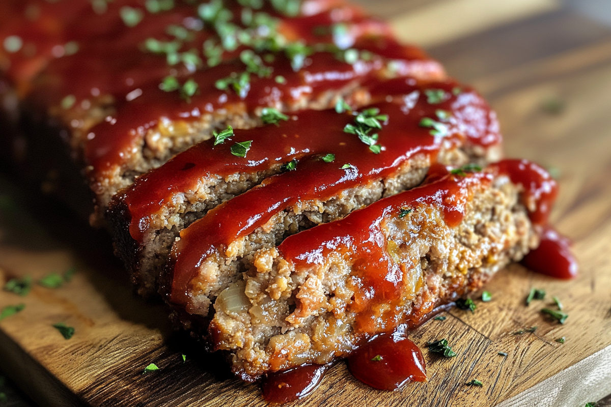 Classic meatloaf with onion soup mix, sliced and served