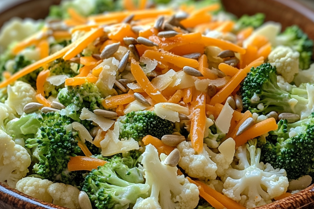 Broccoli cauliflower salad with creamy dressing and sunflower seeds