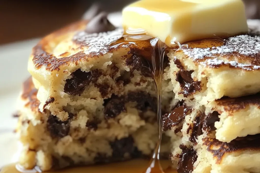 Stack of fluffy chocolate chip pancakes with melted chocolate chips