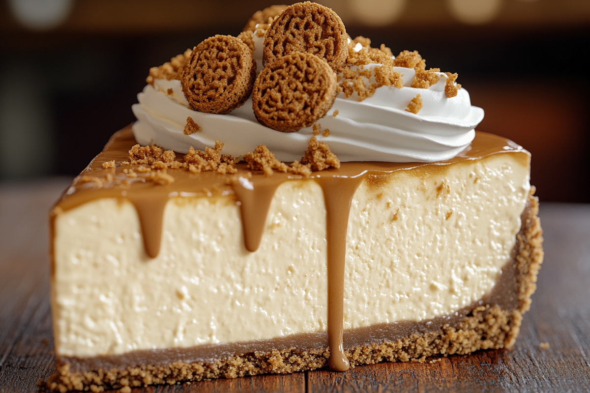 Slice of Biscoff Cookie Cheesecake topped with whipped cream and cookie crumbs