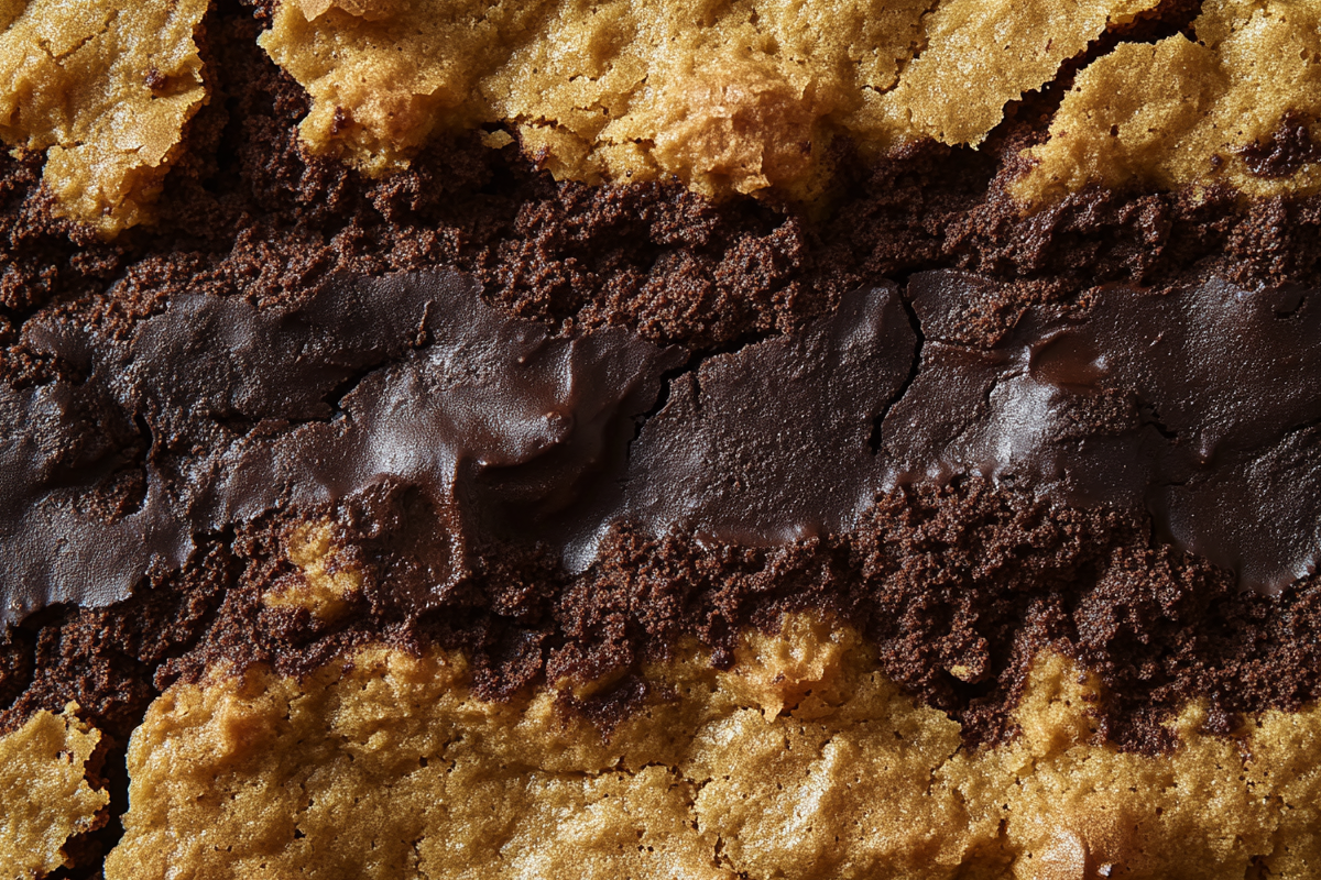 A close-up of gooey brookies, featuring layers of rich, chewy brownie topped with golden chocolate chip cookie dough. The edges are slightly crisp while the center remains soft and moist, with a perfect blend of chocolate and cookie goodness.