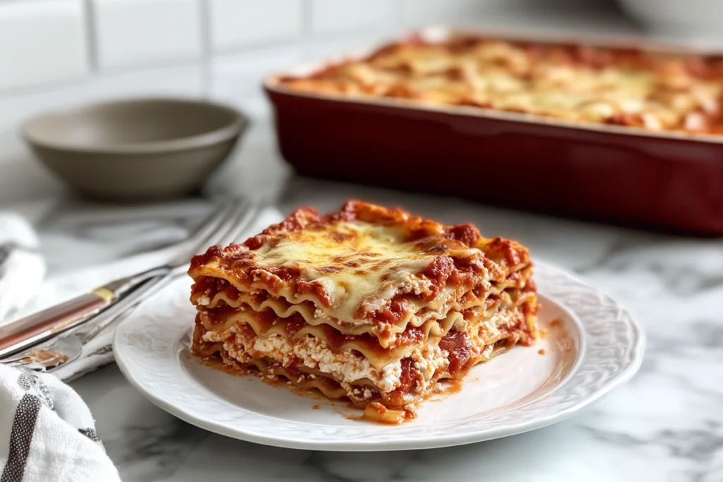 Layered lasagna with melted cheese and oven-ready noodles