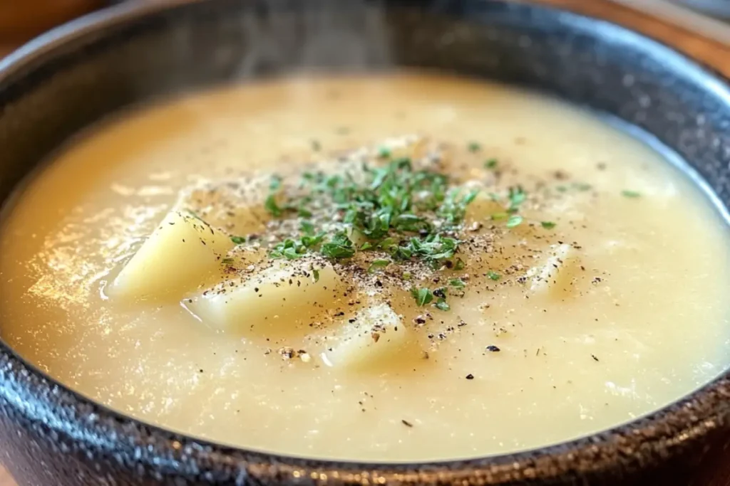 4 ingredient creamy potato soup garnished with herbs