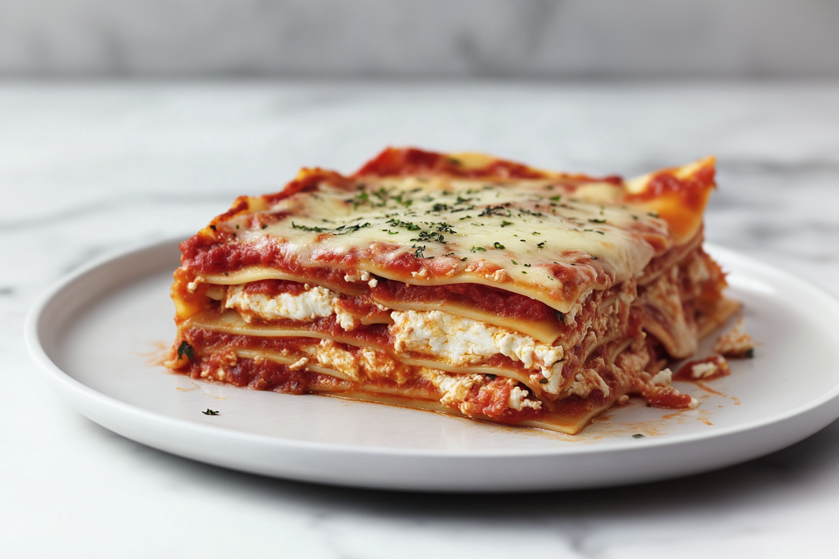 Layered lasagna with oven-ready noodles, sauce, and cheese