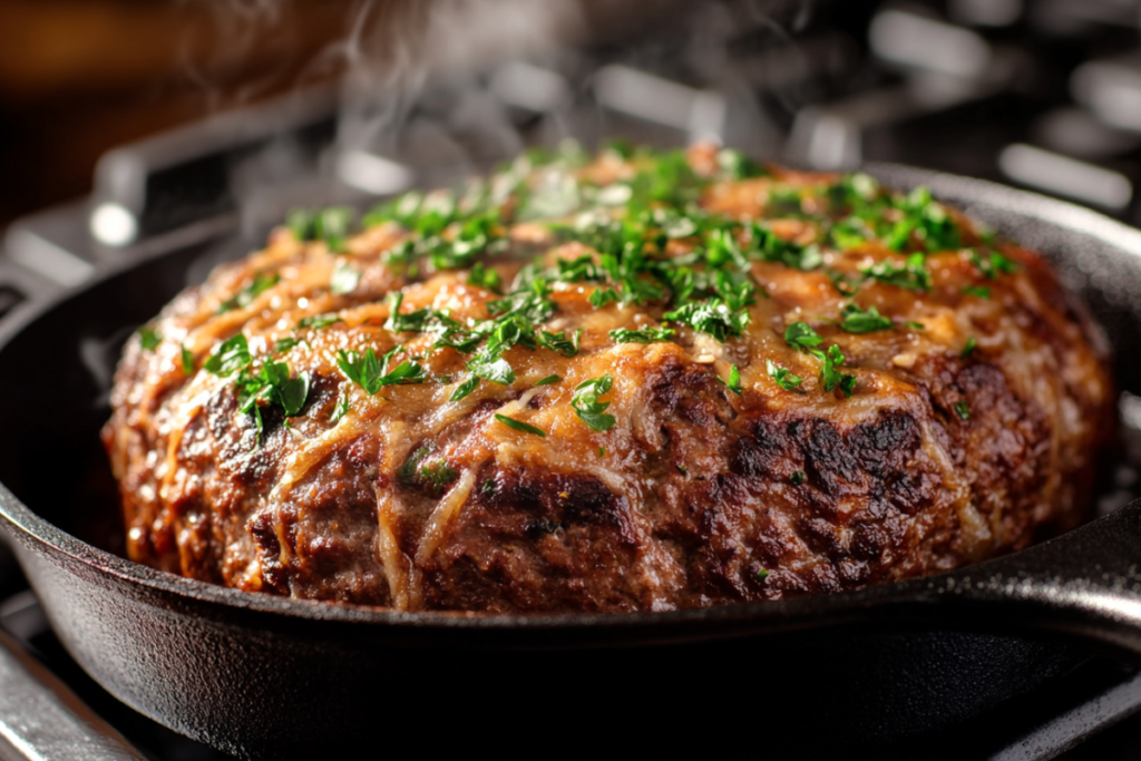 Slice of stove top meatloaf served with mashed potatoes and steamed vegetables.