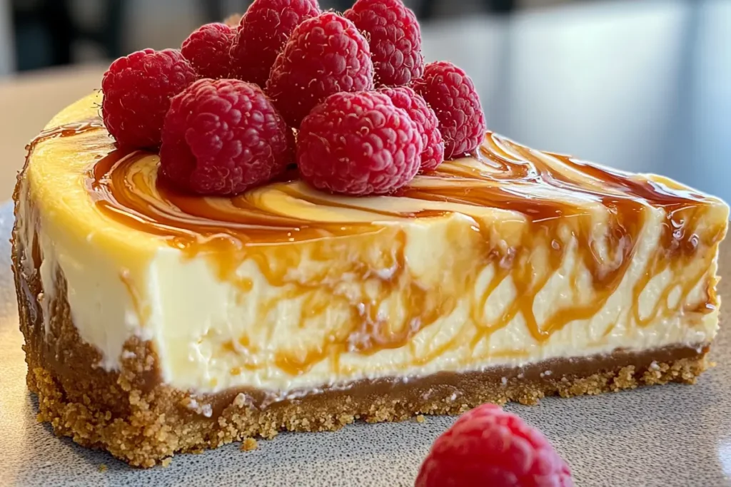 cheesecake topped with fresh berries and mint leaves on a wooden table.