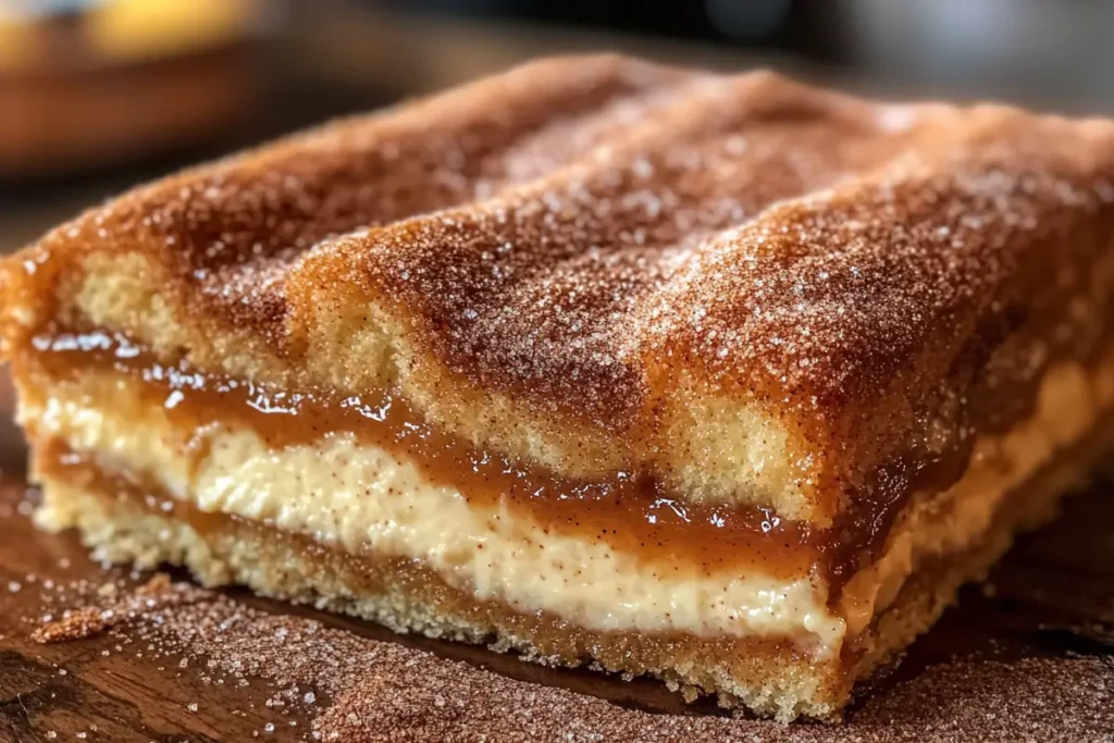 Churro cheesecake with a cinnamon sugar topping and creamy filling.