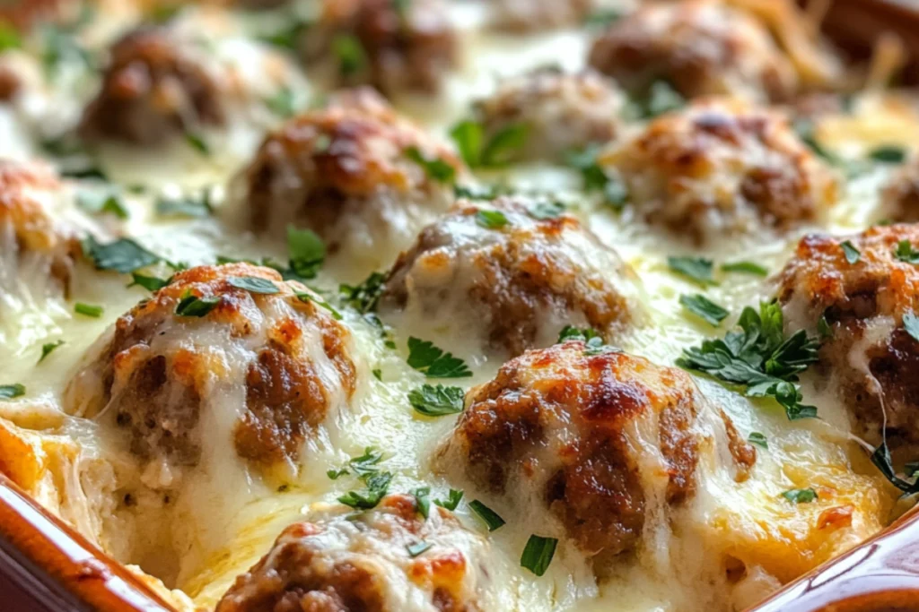 Meatball casserole baked with cheese and herbs