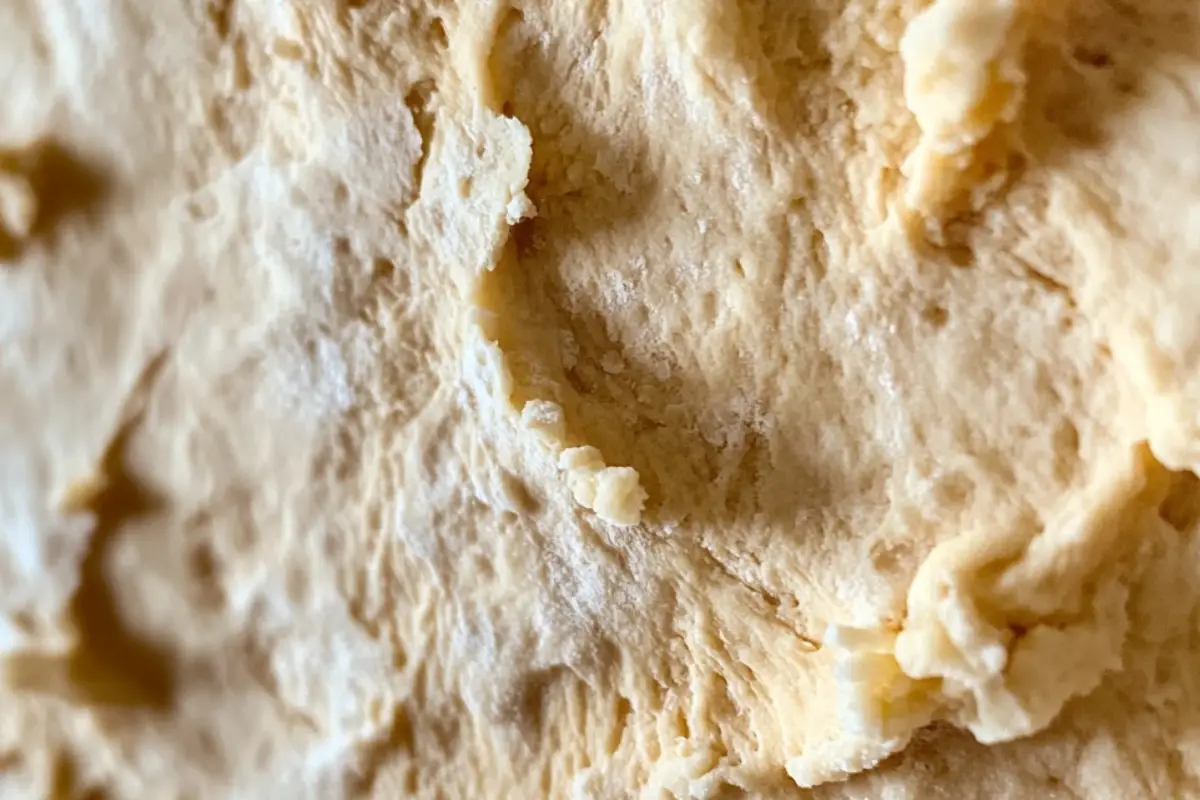 Hands kneading Italian pizza dough on a floured wooden surface