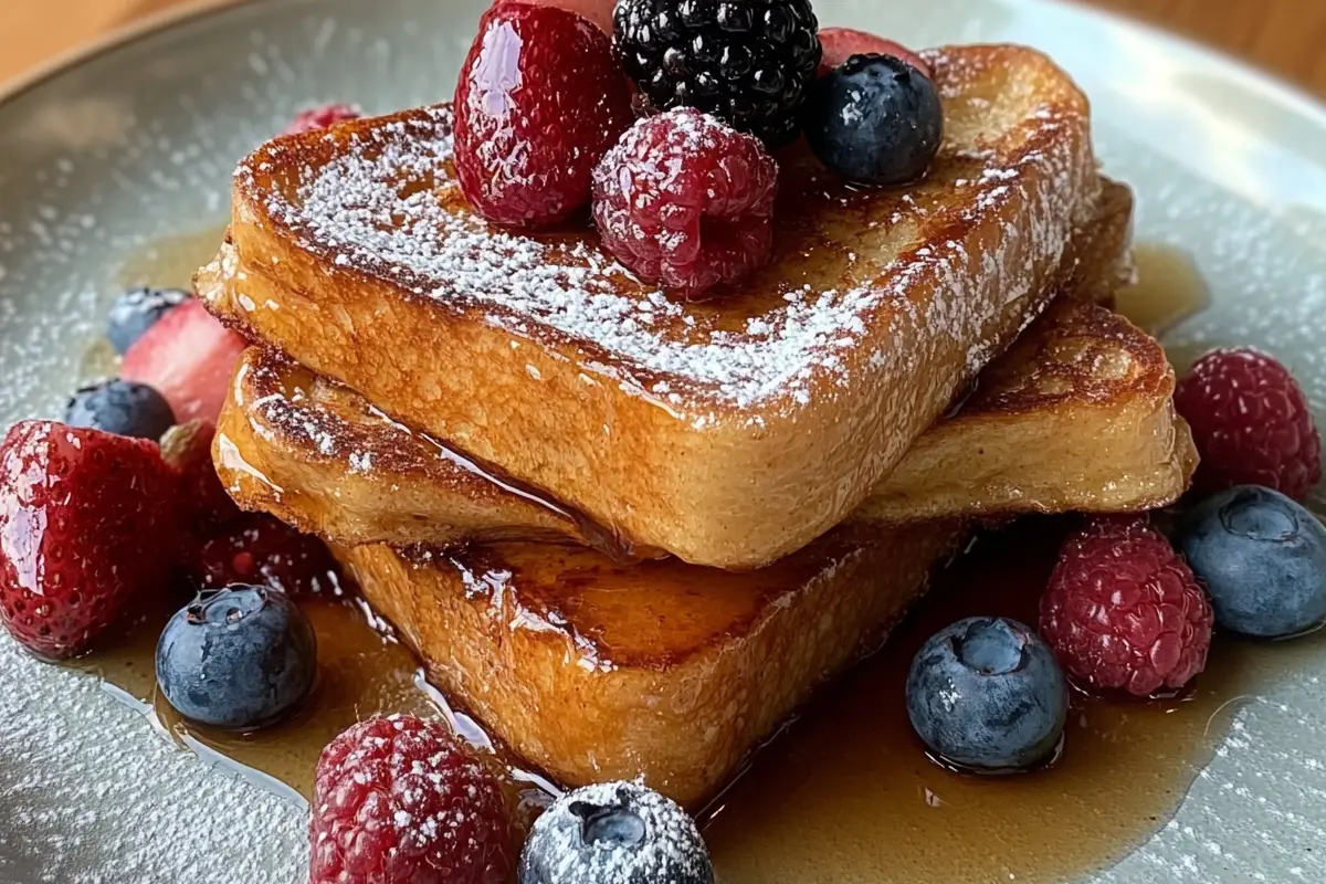 Golden-brown sourdough French toast topped with fresh berries and syrup