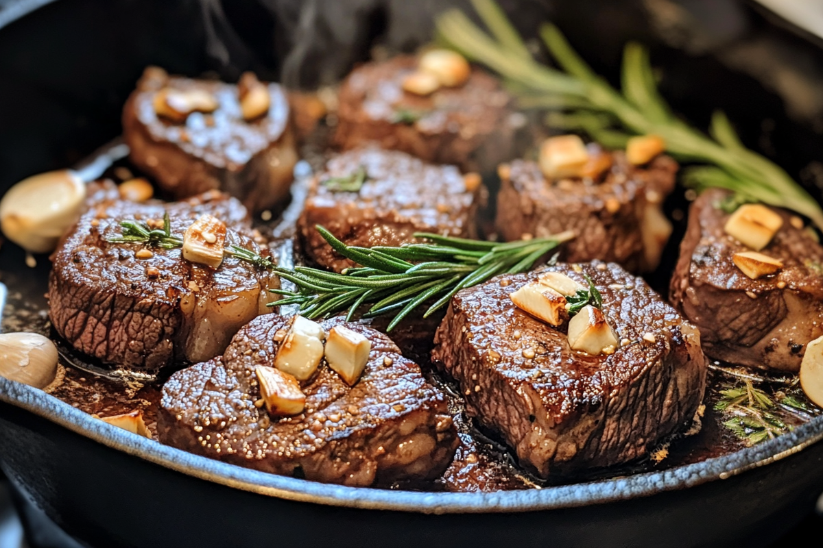 Sirloin tip steak cooking in a cast iron skillet