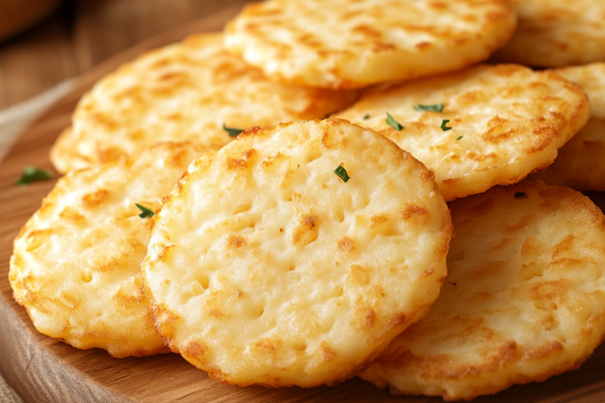 Golden crispy air fryer hash browns on a plate.