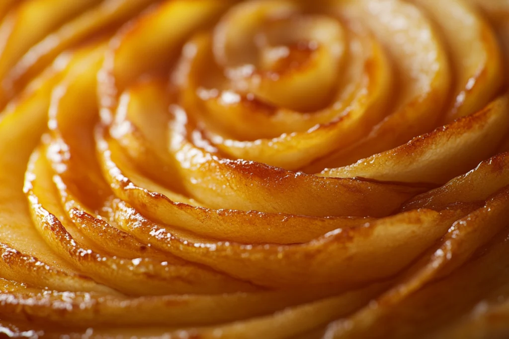 Freshly baked apple tart with a golden-brown crust and caramelized apple slices