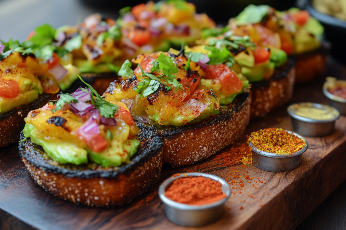 Seasoned avocado toast with colorful toppings