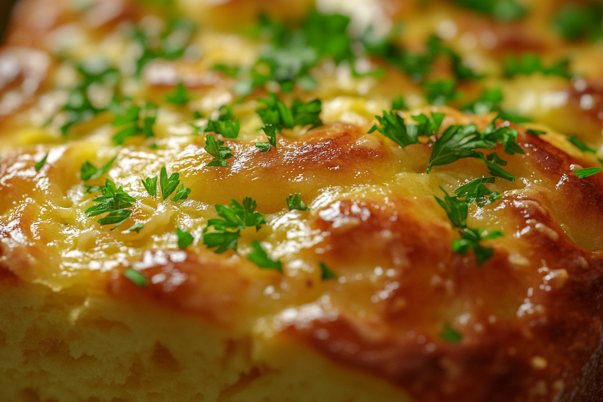 Freshly baked garlic bread with melted cheese and parsley.