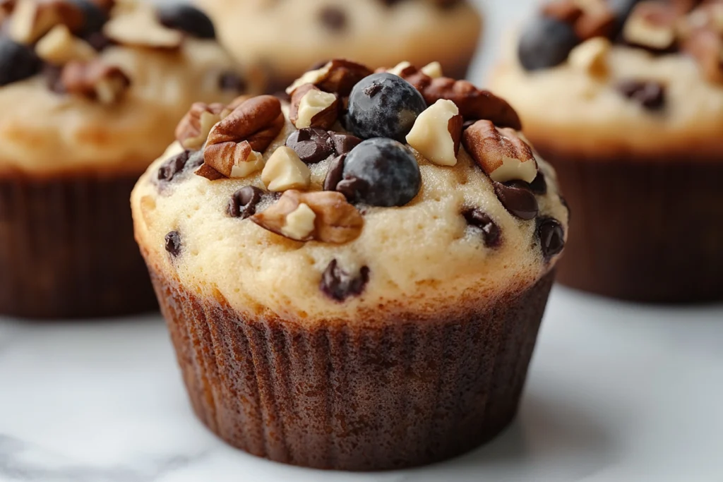 Freshly baked protein muffins with blueberries and nuts