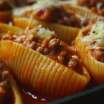 Stuffed shells with meat baked in marinara sauce