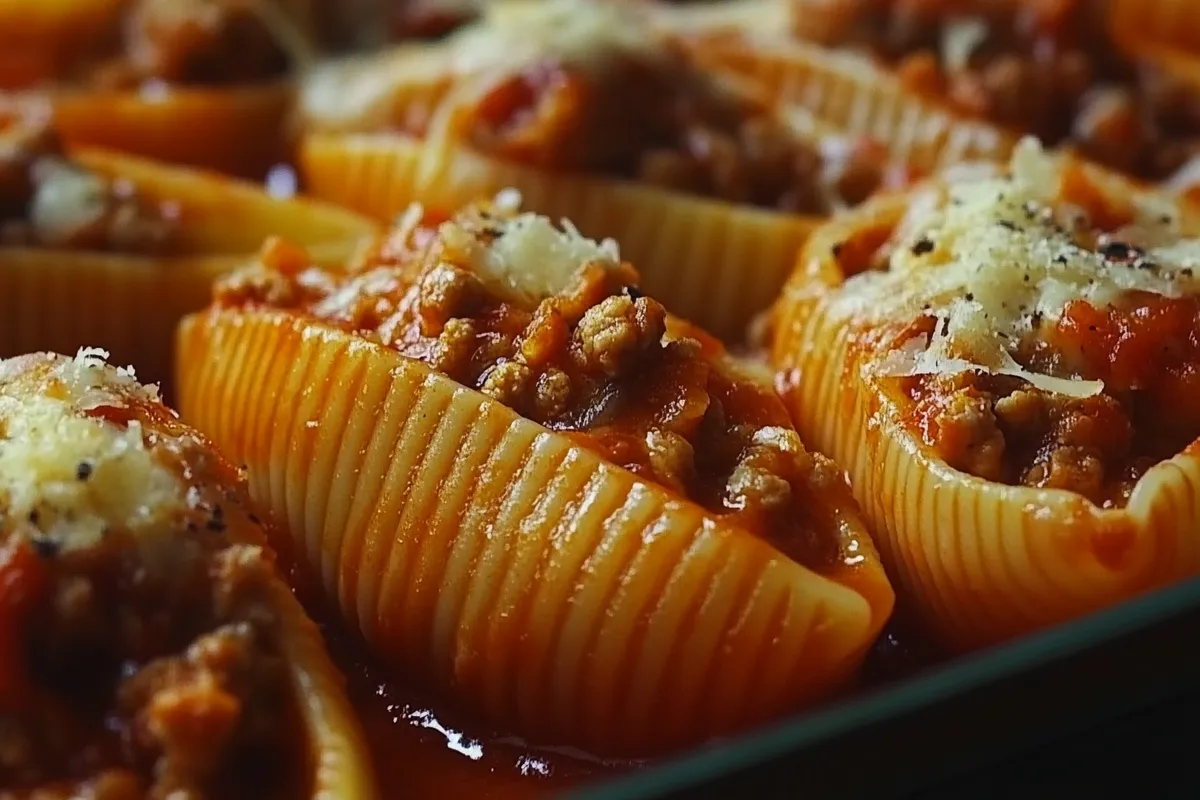 Stuffed shells with meat baked in marinara sauce