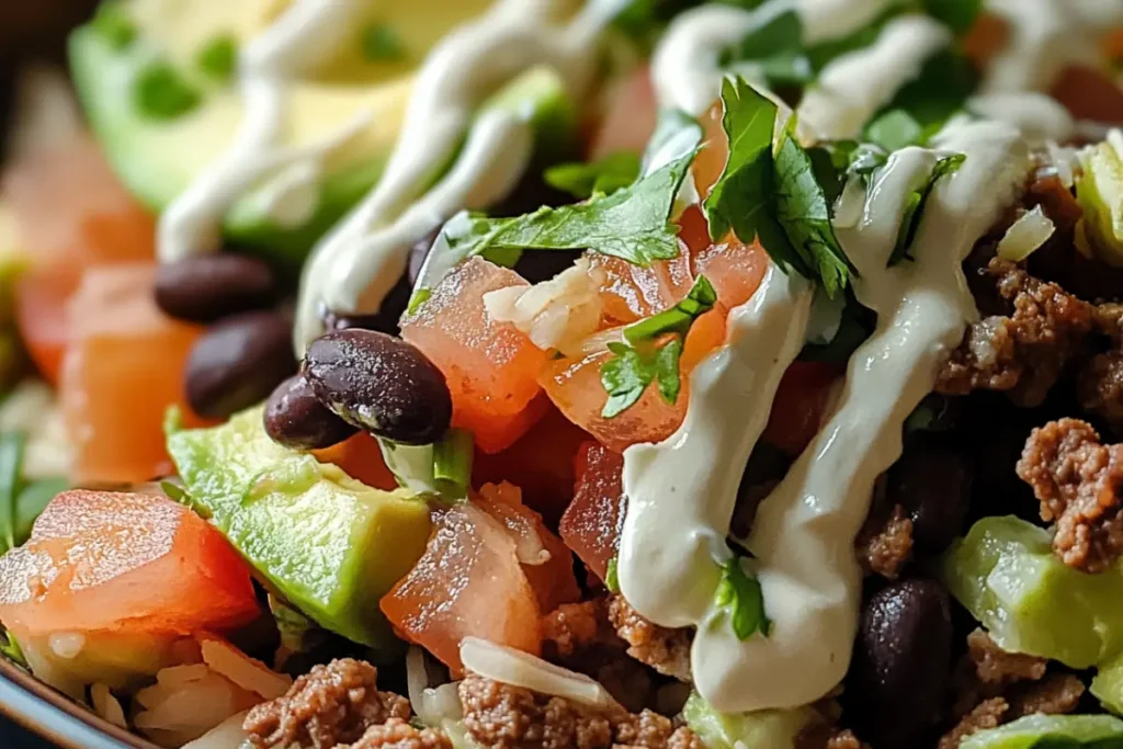 A vibrant taco bowl with rice, beans, vegetables, and toppings.