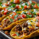 Baked tacos with melted cheese and fresh toppings .