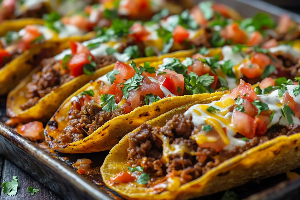 Baked tacos with melted cheese and fresh toppings .