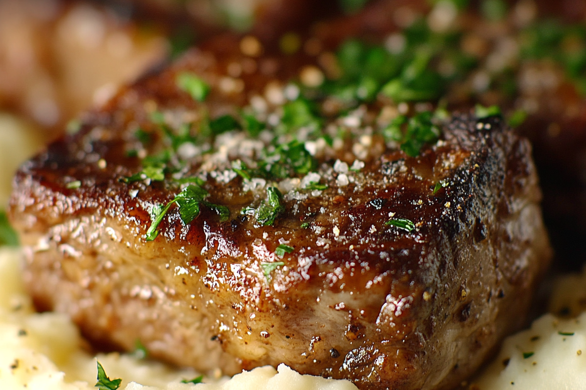 Boneless beef short ribs cooked to perfection on a plate with fresh herbs and vegetables.