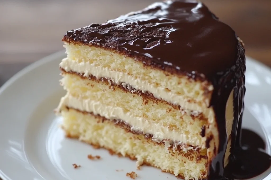 Boston Cream Cake with chocolate ganache and creamy custard filling