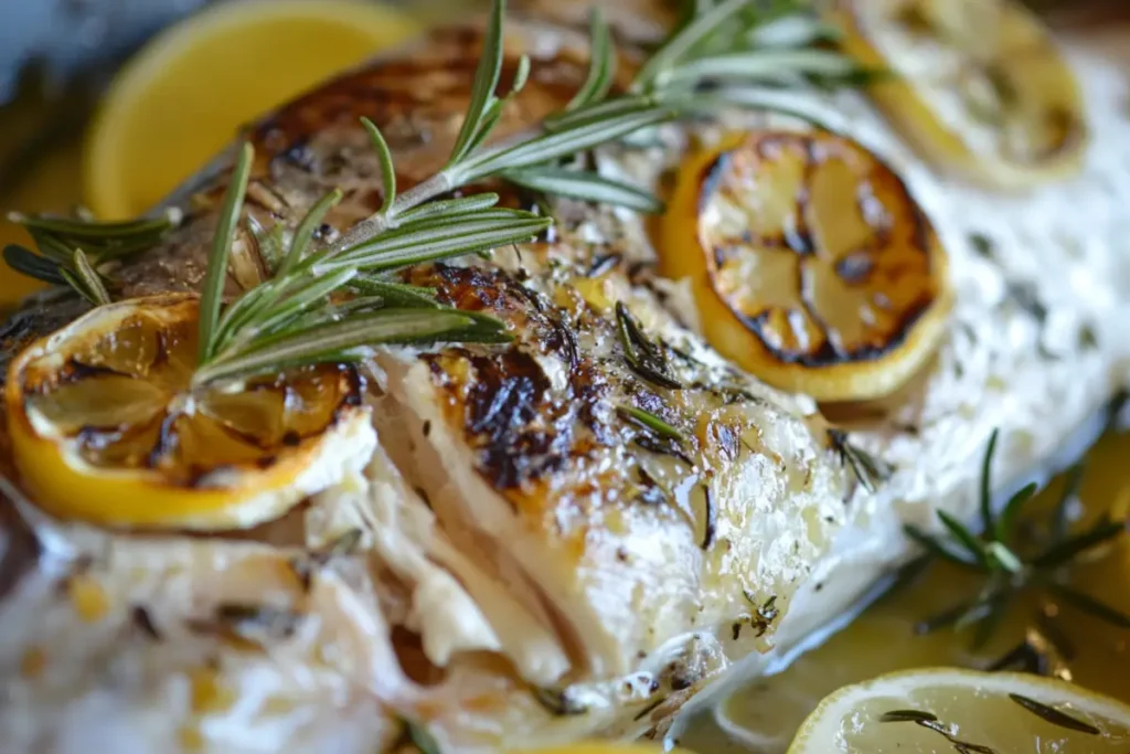 Whole roasted branzino with lemon and herbs.