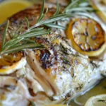 Whole roasted branzino with lemon and herbs.