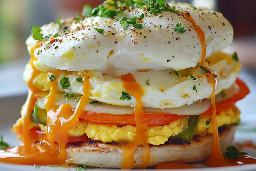 breakfast sandwich topped with creamy homemade sauce.