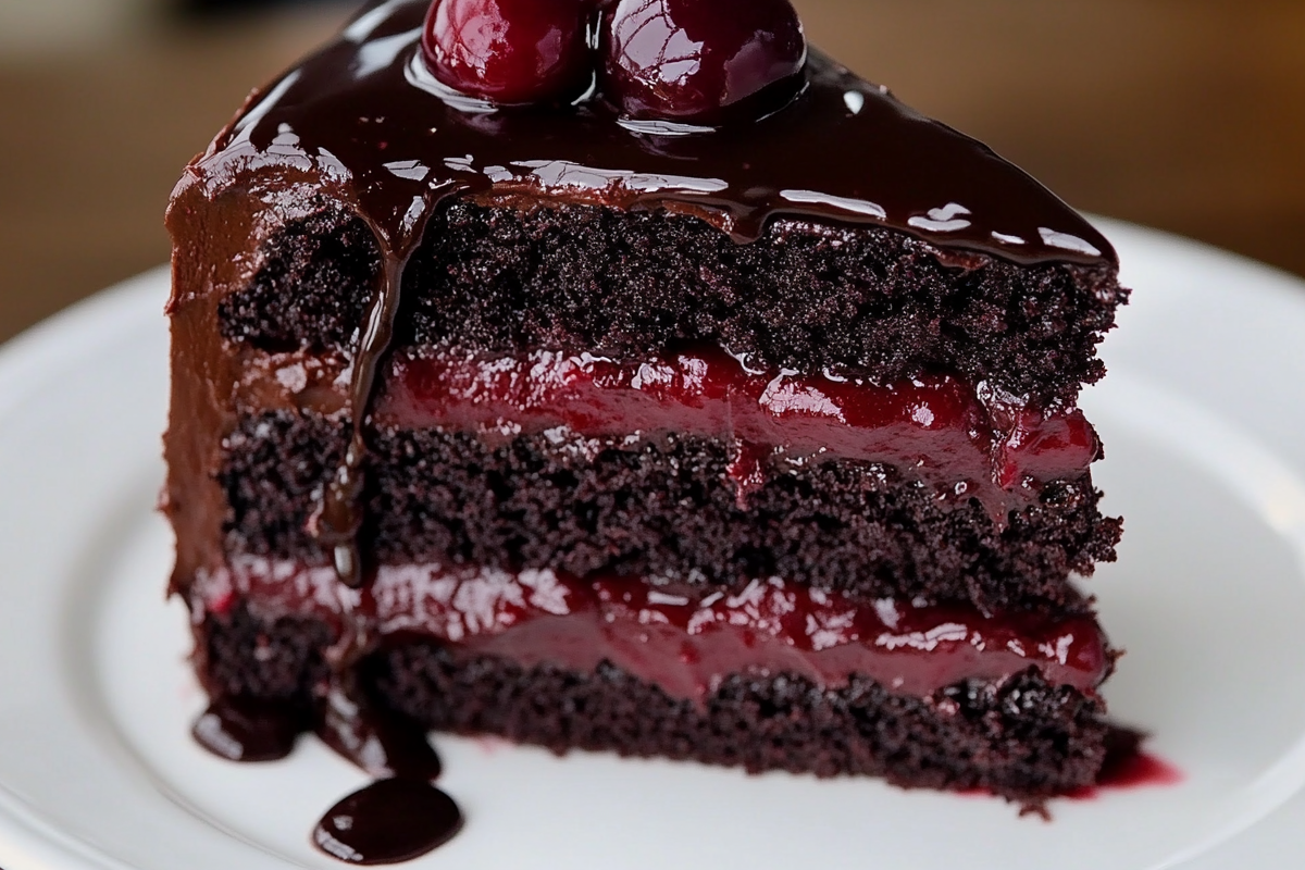 Chocolate cherry cake with fresh cherries on top