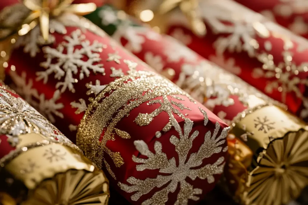 Festive Christmas crackers on a holiday dinner table.