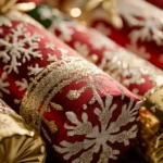 Festive Christmas crackers on a holiday dinner table.