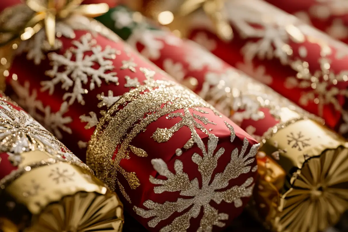 Festive Christmas crackers on a holiday dinner table.