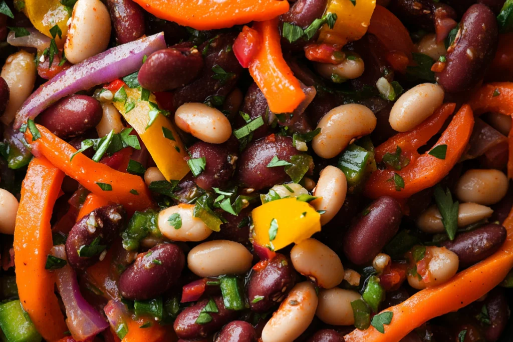 Dense bean salad with mixed vegetables in a bowl