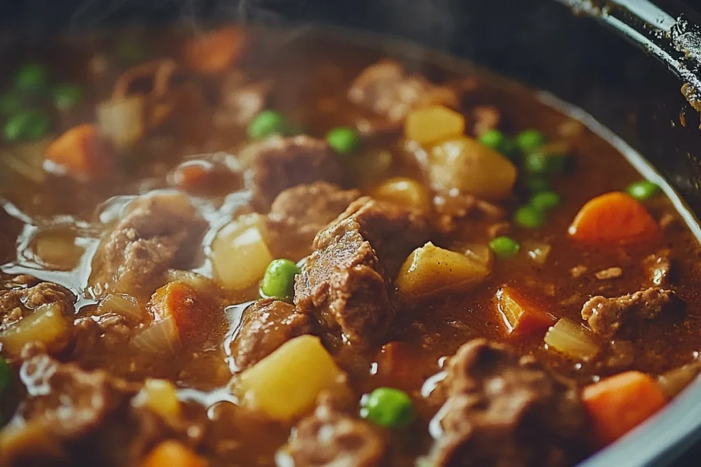 Crockpot with hearty stew simmering in a cozy kitchen.