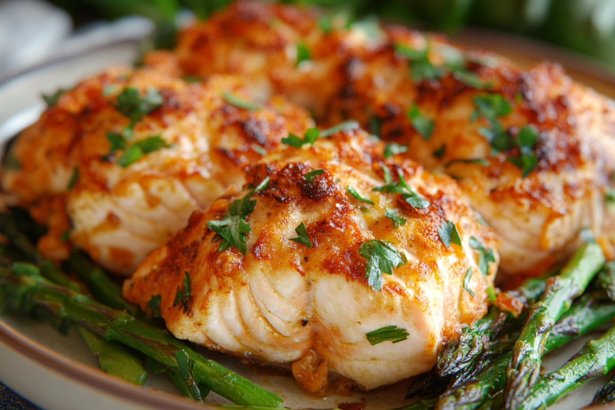 Baked salmon with asparagus on a cozy dinner table for one.