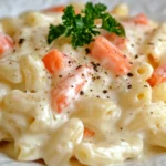 Macaroni and penne pasta with vegetables and creamy sauce