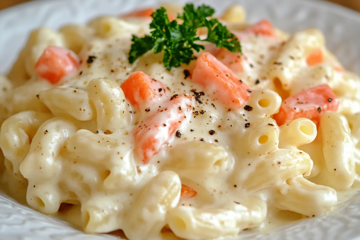 Macaroni and penne pasta with vegetables and creamy sauce