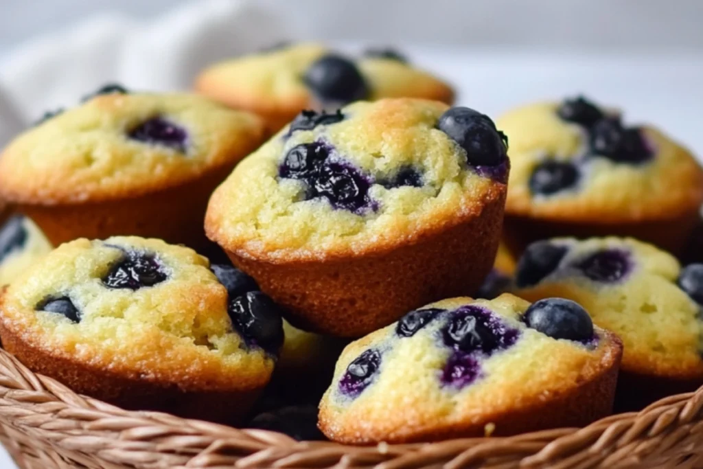 Freshly baked mini blueberry muffins with blueberries on top