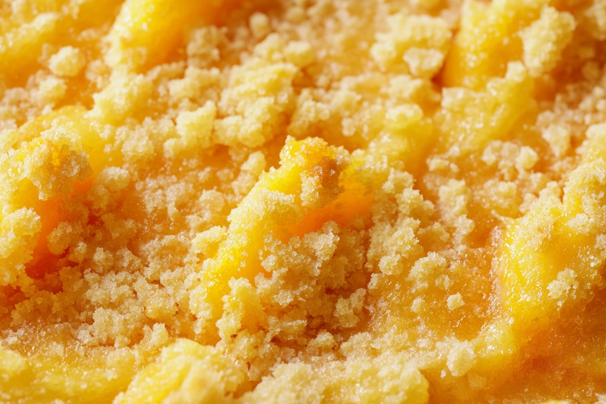 Freshly baked peach crumble with golden topping and peach slices