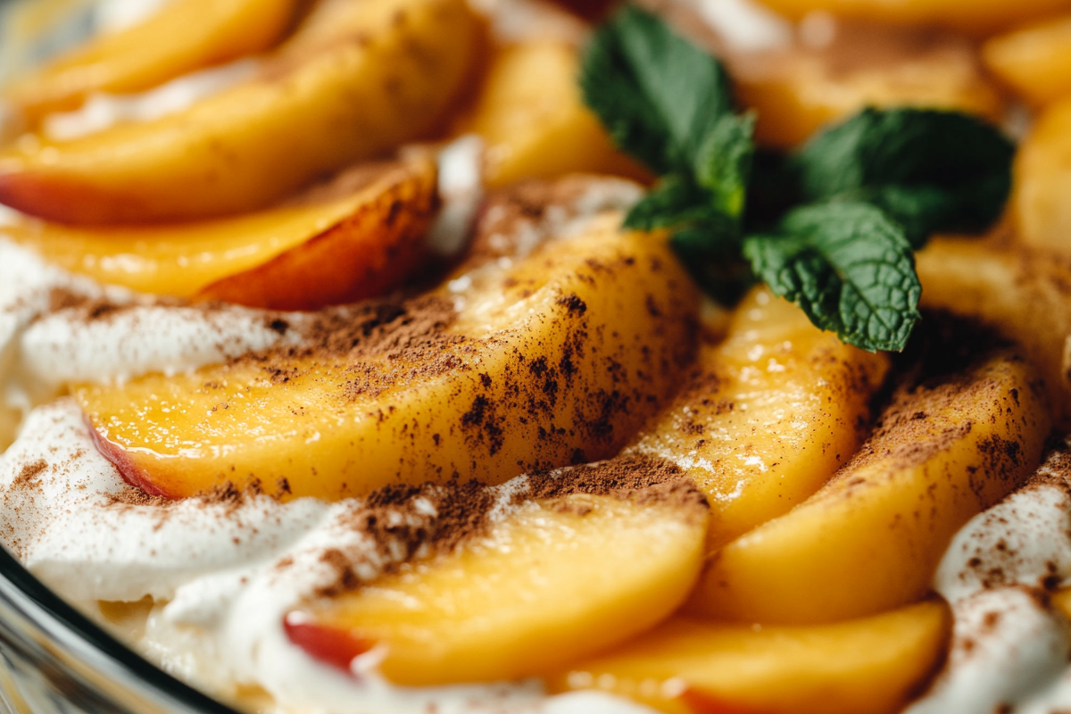 Bowl of peaches and cream with mint garnish. Image