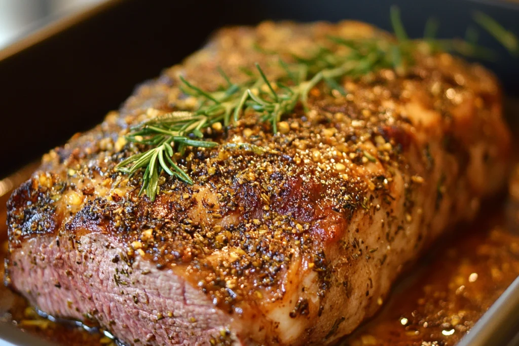 Prime rib roast with herb and spice rub.