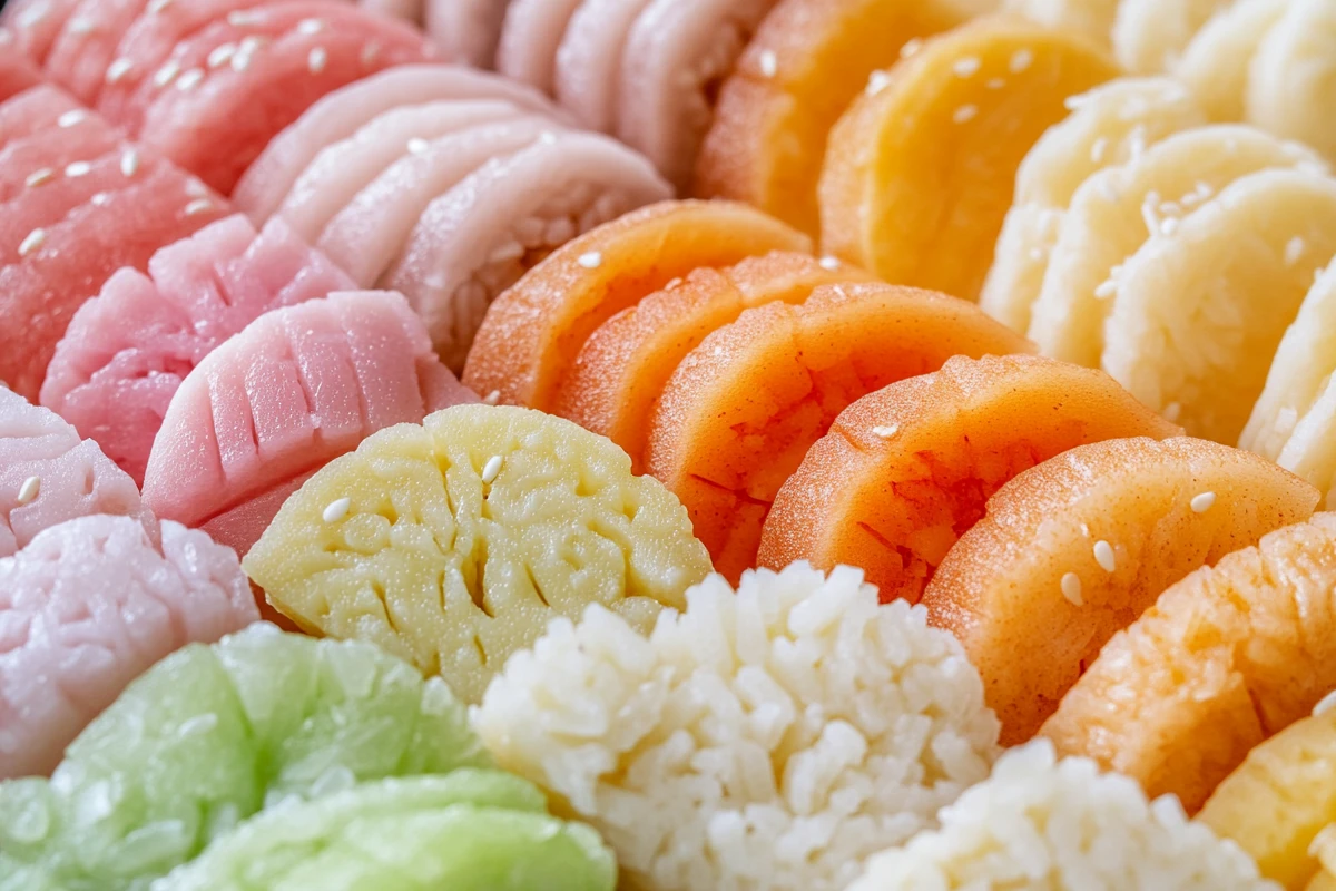 Assorted rice cakes from different cultures including Korean, Japanese, and Indonesian varieties